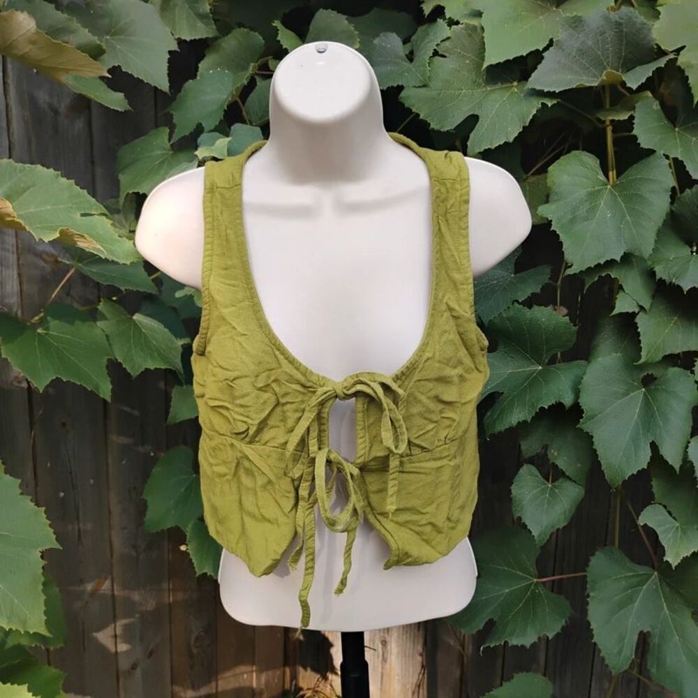 Midnight Sky Fairycore Moss Green Linen Blend Tie Front Crop Top Vest Medium
